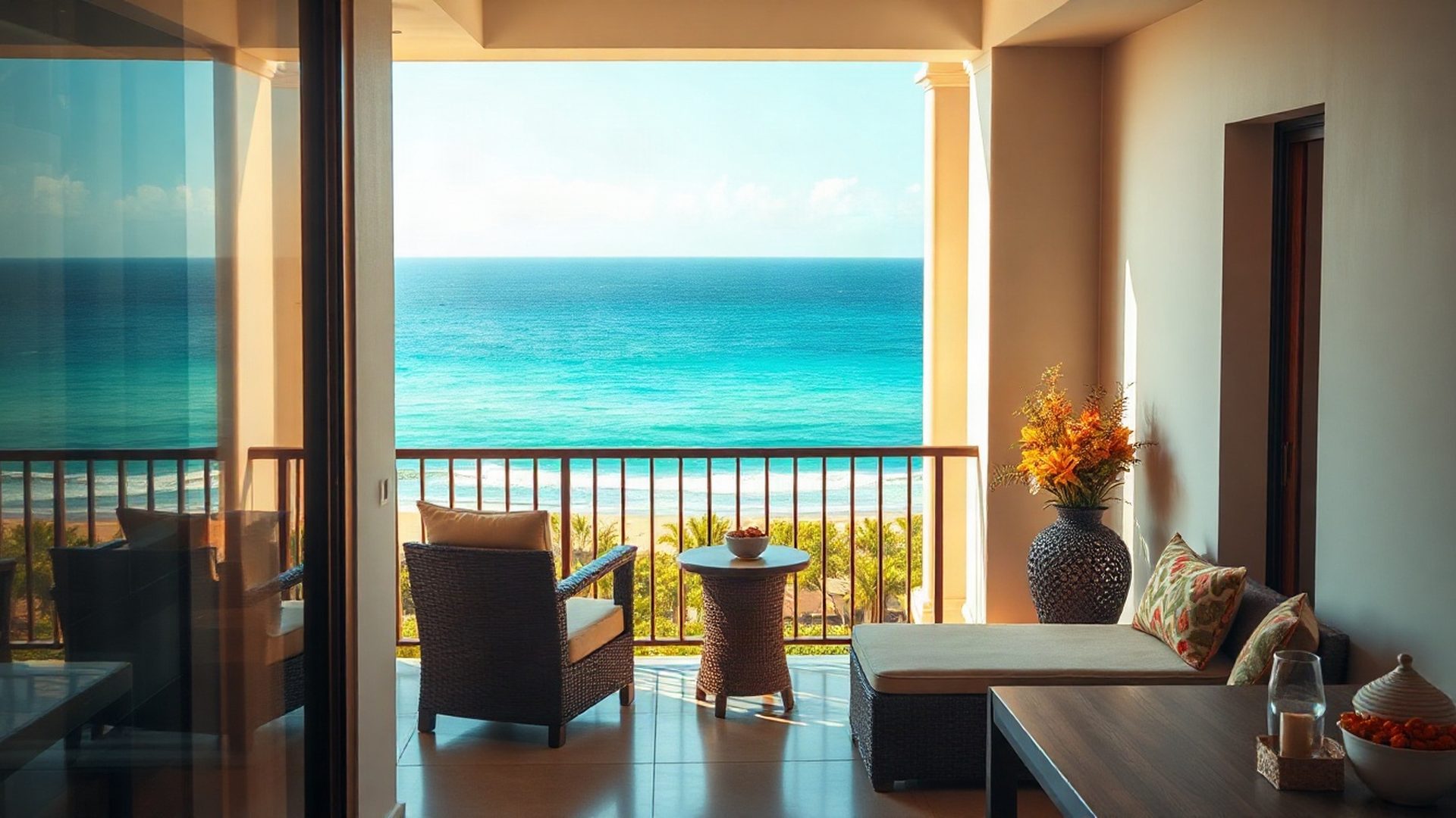 Coastal apartment balcony overlooking the Mombasa shoreline at golden hour